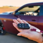 Used car shopper comparing a sedan with a checklist at a dealership lot.