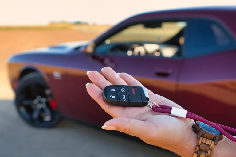 Used car shopper comparing a sedan with a checklist at a dealership lot.