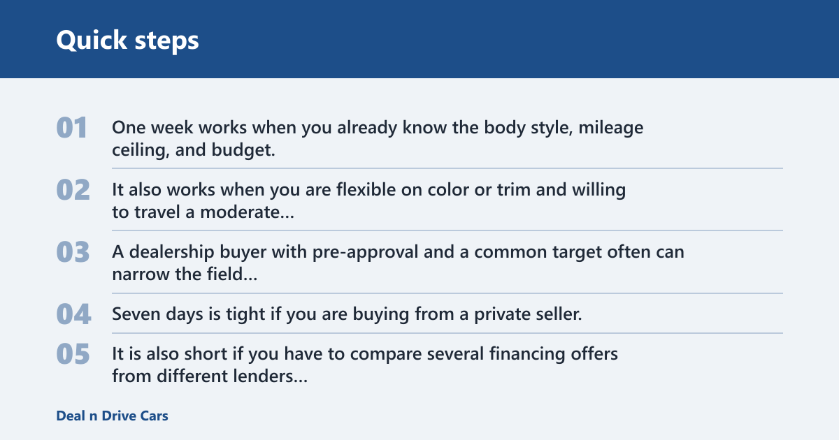 Quick steps: How long should you spend shopping for a used car?
For most shoppers, a useful window is a few days to a couple of weeks, depending on how clear your budget is and how easy it is to replace the car if you pass on one. The shopping window covers comparing listings, contacting sellers, test driving, and judging value. It does not include loan funding, title transfer, or DMV wait time.

The short answer by buyer type
Cash buyers with a narrow target can often finish in a few days to about a week. Financed buyers usually need several days to about a week and a half because pre-approval and rate comparison happen before the deal is ready. Private-party buyers often need about a week or two because scheduling, inspection, and paperwork tend to move more slowly.

What shopping time is actually meant to cover
Use shopping time for the market search itself: comparing vehicles, reviewing history reports, arranging test drives, and deciding whether the car fits your budget and needs. Keep paperwork time separate. That includes loan finalization, title signing, emissions or safety steps where required, and transfer documents.

When a longer search starts to cost you the car
Used cars move fast. A clean one-owner car with the right trim and color can disappear in a day or two, especially in a tight local market. If you keep browsing after your target is already clear, you raise the chance of missing the right unit and then settling for a weaker one later.

What should happen before you start comparing cars?
Set your money limits first. Before you scan listings, decide your out-the-door ceiling, monthly payment target if you need financing, and repair reserve. If you need a loan, get pre-approval before you spend time on listings so you know your cap and avoid looking at cars that do not fit.

Set an out-the-door ceiling and monthly payment target
Your out-the-door limit should include price, tax, title, registration, and dealer fees. If you are financing, set a monthly payment target and a maximum loan amount before you shop. A deal that fits the sticker price but breaks the total budget is the wrong car.

Set a repair reserve before you visit listings
Keep a repair reserve separate from the purchase price. For an older used car, that reserve should be large enough to cover tires, battery, brakes, fluids, and one surprise repair without forcing an immediate second decision. If that reserve is too small, you will judge the wrong cars as “affordable.”

Get pre-approval first if you need a loan
Pre-approval usually takes from a few minutes online to a few business days, depending on the lender and the documents requested. Get it early, before serious shopping. Rate shopping should happen in a short window, because multiple auto-loan inquiries made close together are commonly treated as one credit event by scoring models.

How many days is enough for each buyer type?
Two days can be enough for a prepared cash buyer chasing a common model. One week is enough for many shoppers who need a bit of comparison and logistics time. Two weeks is the practical upper end for most people before decision fatigue starts to work against the search.

Cash buyer timeline
Cash buyers can move fastest because there is no loan approval step. If the local market has several similar cars, 2 to 5 days is often enough. If the car is uncommon, the color or trim is picky, or the seller is private party, plan closer to 1 to 2 weeks.

Financed buyer timeline
Financed buyers should allow 3 to 10 days, with the first day or two spent on pre-approval and rate comparison. After that, search and compare as normal. If your loan approval expires in 30 to 60 days, do not start too early or you may need to refresh it before closing.

Private-party buyer timeline
Private-party purchases often need the longest window because you may have to wait for an available appointment, arrange a pre-purchase inspection, and verify title details carefully. Seven to 14 days is a realistic planning window, and the upper end is common when the seller can only meet after work or on weekends.

Is one week enough to shop for a used car?