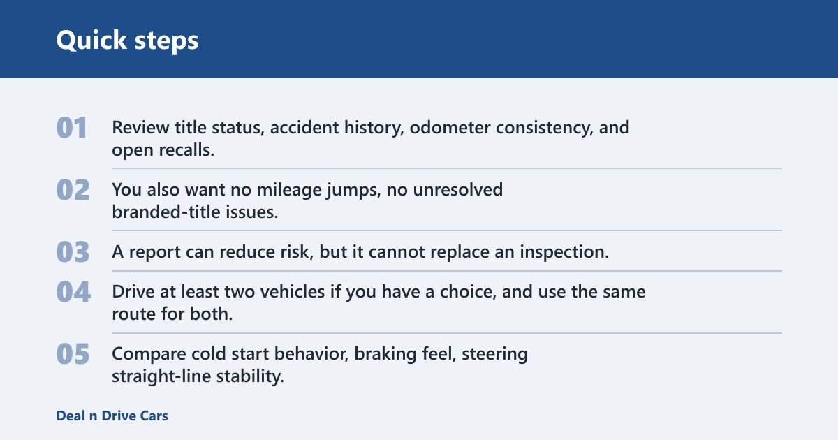 Quick steps: How long should you spend shopping for a used car?
For most shoppers, a useful window is a few days to a couple of weeks, depending on how clear your budget is and how easy it is to replace the car if you pass on one. The shopping window covers comparing listings, contacting sellers, test driving, and judging value. It does not include loan funding, title transfer, or DMV wait time.

The short answer by buyer type
Cash buyers with a narrow target can often finish in a few days to about a week. Financed buyers usually need several days to about a week and a half because pre-approval and rate comparison happen before the deal is ready. Private-party buyers often need about a week or two because scheduling, inspection, and paperwork tend to move more slowly.

What shopping time is actually meant to cover
Use shopping time for the market search itself: comparing vehicles, reviewing history reports, arranging test drives, and deciding whether the car fits your budget and needs. Keep paperwork time separate. That includes loan finalization, title signing, emissions or safety steps where required, and transfer documents.

When a longer search starts to cost you the car
Used cars move fast. A clean one-owner car with the right trim and color can disappear in a day or two, especially in a tight local market. If you keep browsing after your target is already clear, you raise the chance of missing the right unit and then settling for a weaker one later.

What should happen before you start comparing cars?
Set your money limits first. Before you scan listings, decide your out-the-door ceiling, monthly payment target if you need financing, and repair reserve. If you need a loan, get pre-approval before you spend time on listings so you know your cap and avoid looking at cars that do not fit.

Set an out-the-door ceiling and monthly payment target
Your out-the-door limit should include price, tax, title, registration, and dealer fees. If you are financing, set a monthly payment target and a maximum loan amount before you shop. A deal that fits the sticker price but breaks the total budget is the wrong car.

Set a repair reserve before you visit listings
Keep a repair reserve separate from the purchase price. For an older used car, that reserve should be large enough to cover tires, battery, brakes, fluids, and one surprise repair without forcing an immediate second decision. If that reserve is too small, you will judge the wrong cars as “affordable.”

Get pre-approval first if you need a loan
Pre-approval usually takes from a few minutes online to a few business days, depending on the lender and the documents requested. Get it early, before serious shopping. Rate shopping should happen in a short window, because multiple auto-loan inquiries made close together are commonly treated as one credit event by scoring models.

How many days is enough for each buyer type?
Two days can be enough for a prepared cash buyer chasing a common model. One week is enough for many shoppers who need a bit of comparison and logistics time. Two weeks is the practical upper end for most people before decision fatigue starts to work against the search.

Cash buyer timeline
Cash buyers can move fastest because there is no loan approval step. If the local market has several similar cars, 2 to 5 days is often enough. If the car is uncommon, the color or trim is picky, or the seller is private party, plan closer to 1 to 2 weeks.

Financed buyer timeline
Financed buyers should allow 3 to 10 days, with the first day or two spent on pre-approval and rate comparison. After that, search and compare as normal. If your loan approval expires in 30 to 60 days, do not start too early or you may need to refresh it before closing.

Private-party buyer timeline
Private-party purchases often need the longest window because you may have to wait for an available appointment, arrange a pre-purchase inspection, and verify title details carefully. Seven to 14 days is a realistic planning window, and the upper end is common when the seller can only meet after work or on weekends.

Is one week enough to shop for a used car?
Yes, one week is enough for many used-car buyers if your budget is set, your financing is ready, and the local market has more than a handful of suitable cars. Seven days is often too short only when inventory is thin, the model is rare, or you need inspection scheduling and seller coordination.


When seven days is realistic
One week works when you already know the body style, mileage ceiling, and budget. It also works when you are flexible on color or trim and willing to travel a moderate distance. A dealership buyer with pre-approval and a common target often can narrow the field quickly.

When seven days is too short
Seven days is tight if you are buying from a private seller, want a specific trim and color, or need a mechanic to fit in a pre-purchase inspection. It is also short if you have to compare several financing offers from different lenders before locking in a rate.

How to split the week between searching, driving, and checking records
Use the first 2 days to filter listings and compare asking prices. Use the next 2 or 3 days to run history reports, call sellers, and inspect photos closely. Reserve the last 2 days for test drives, an inspection, and the final decision. Do not leave the record checks until the end.

Suppose you are comparing two compact SUVs with 48,000 and 52,000 miles. If both have clean titles and similar service records, the better timeline is not “keep looking.” It is a same-route test drive, a history report check, and then a decision before the cleaner example disappears.

What proof should you collect before you stop shopping?