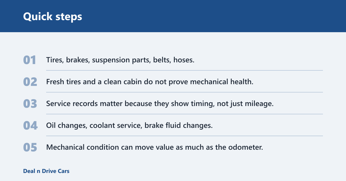 Quick steps: How does mileage affect ownership depreciation?
Mileage lowers ownership depreciation value because buyers use the odometer as a quick read on wear, remaining life, and likely repair costs. Higher miles usually reduce resale value and trade-in value, but the size of that drop depends on age, maintenance history, accident history, and the vehicle segment.
Quick steps

What mileage signals to buyers
The odometer tells buyers how much the car has been driven, not how well it has been maintained. A low number can build trust, while a high number can raise questions about brakes, tires, suspension, engine wear, and transmission life.

How mileage fits into resale value and trade-in value
Book value guides, dealer appraisal tools, private-party pricing, and online valuation calculators all factor in mileage, but they do not do it the same way. Dealers usually discount mileage more aggressively because they must resell the car with margin and warranty risk in mind.

Why mileage is only one part of depreciation
Depreciation is the loss in market value over time, shaped by age, use, and demand. A 7-year-old sedan with 45,000 miles can lose more value than a 4-year-old SUV with 70,000 miles if the sedan has weaker demand or higher repair exposure.

How age and mileage work together
Age and mileage work together because buyers expect a rough usage pattern over time. A common benchmark is roughly 12,000 to 15,000 miles per year, so a 10-year-old car with around 70,000 miles may look lightly used, while a 4-year-old car with the same mileage can look heavily used for its age.

Annual mileage expectations by age
Annual mileage helps buyers judge whether usage is normal, low, or high. A car that averages 7,000 miles per year may seem gentler than one averaging 18,000 miles per year, even if the odometer numbers are not far apart.

Low-mileage older cars
Low-mileage older cars can still depreciate if age has allowed rubber parts, fluids, seals, batteries, and electronics to age out. A 12-year-old car with 42,000 miles may attract buyers, but stale service records or long storage gaps can reduce trust.

High-mileage newer cars
High-mileage newer cars can lose value quickly because the miles arrive before the market expects them. A 3-year-old car with 90,000 miles often points to heavy commuting, fleet use, or long-distance travel, which can push buyers toward lower offers.

What counts as high mileage on a used car?
High mileage is not one universal cutoff. Buyers usually judge it against age, vehicle type, and service history, so 80,000 miles may look normal on an 8-year-old truck and high on a 3-year-old luxury sedan.

Common mileage thresholds buyers watch
Many buyers pay close attention around 60,000, 100,000, and 150,000 miles because those levels often line up with major wear items or higher perceived repair risk. The odometer does not set the value by itself, but thresholds often change the bidding mood fast.

Why the cutoff changes by vehicle type
Trucks, body-on-frame SUVs, and some mainstream sedans often hold up better at higher miles than luxury cars, turbocharged models, or vehicles with expensive electronics. EVs add another layer because battery health and charging history can matter as much as the odometer reading.

How maintenance can soften the impact
Maintenance history can soften the effect of high mileage when service records show timely oil changes, transmission service, brake work, and replacement of wear items. Clean records do not erase mileage, but they can reduce the buyer’s guesswork about future costs.

Why mileage changes buyer trust and repair risk