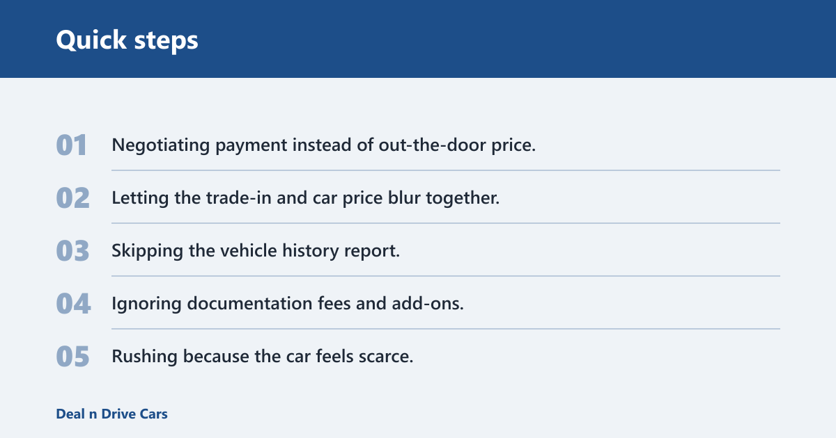 Quick steps: What you'll need before you ask for a lower price
Comparable listings for the same year, trim, mileage, and condition.
A vehicle history report with accident, title, and flood clues checked first.
A preapproval or outside financing quote with the APR in writing.
A separate trade-in estimate so it does not get folded into the car price.
A negotiation worksheet with asking price, out-the-door price, and walk-away price.
A note on reconditioning clues such as tire wear, brake condition, and visible repairs.
A fee checklist for documentation fees, add-ons, and dealer-installed extras.
Price layer
What it includes
What to compare
Sale price
Vehicle price before taxes and fees
Advertised asking price, similar listings
Out-the-door price
Sale price plus taxes, fees, and dealer add-ons
Final number to compare across dealers
Total financed cost
Out-the-door price plus finance charges over time
APR, term, and lender fees
Find the market range for the exact year, trim, mileage, and condition.
Check the vehicle history report before discussing price.
Write down reconditioning clues, fee questions, and your maximum out-the-door number.
Get a loan quote from outside financing if you plan to finance.
Keep your trade-in separate from the purchase offer.
Open with the out-the-door price you want to pay.
How used-car price negotiation works
Two people shake hands in an office setting
Negotiate means to work out an agreement between parties, and Vocabulary.com defines negotiation as give and take. Dictionary.com also lists dealing or bargaining with others, arranging terms by discussion, and conducting or transacting business. That matters here because a dealership deal has more than one number.
The sale price is the vehicle price before taxes and fees. The out-the-door price is often the clearest comparison number because it includes taxes, dealer documentation fees, and any dealer add-ons. Total financed cost is different again, because APR changes what you pay over the loan term. Automotive News tracks dealer website retail pages for marketed price, notes an Average Marketed Price, and measures inventory in VIN-specific vehicles.
Why dealers focus on different numbers
Sale price is easy to advertise. Monthly payment is easy to soften. Out-the-door price is harder to hide, so use it as the anchor number. If the dealer pushes only the payment, ask for the full breakdown and compare the complete figure before you agree to anything.
A dealer saying a price is “fixed” is sometimes real and sometimes a tactic. It is more believable when the vehicle is aggressively priced, newly listed, or already below market. It is less believable when the car has been listed for weeks, shows signs of reconditioning, or sits in aged inventory.
How do I negotiate a used car price at a dealership?
Start with comparable listings, then make a written out-the-door offer based on a similar year, trim, mileage, and condition. Keep the trade-in, financing, and extras out of that first number. A clear offer backed by market evidence gives the dealer something concrete to answer.
Step-by-step process
Confirm the sale price, fees, and taxes separately.
Set your walk-away price before you visit the lot.
Point to two or three comparable listings.
Offer one out-the-door number, not a vague discount.
Pause after the dealer counters.
Leave if the deal stays above your limit.
Say your target is a similar Civic with moderate mileage, a clean history, and normal wear. If local listings for similar cars cluster lower and the tires are near replacement, that supports a lower offer. If the dealer has already priced it below market, room may be limited.
How much can you negotiate a used car price at a dealership?
The amount depends on the car’s market position, not a fixed rule. A vehicle priced above similar listings gives more room than one that is already aggressive. Inventory age, accident history, and visible wear can move the number too, while low-mileage, clean-title cars often leave less room.
What changes the room you have
Market comps: same trim and mileage set the ceiling.
Vehicle history: accident, title, or flood clues reduce value.
Reconditioning: tires, brakes, detailing, and repairs affect dealer cost.
Inventory age: older stock often gives more room than fresh arrivals.
Condition: scratches, worn interiors, and warning lights matter.
Use a local asking-price range, then set your first offer below the middle of that range if the car has sat for a while. If it is already priced near the lowest comparable listing, ask for fee removal, a better APR, or a trade-in improvement instead of forcing the sale price down further.
Should I negotiate the out-the-door price or the sale price?
Negotiate the out-the-door price. It includes taxes and fees, so it is the true comparison number across dealers and deal structures. Sale price matters, but it can hide a high documentation fee, add-ons, or a finance structure that leaves the final amount higher than expected.
Why the out-the-door number wins
Two cars with the same sale price can cost very different amounts once fees and taxes are added. One dealer may use a lower advertised price with a large documentation fee. Another may list a higher sale price but fewer extras. The out-the-door figure shows the real gap.
A common first-timer mistake is agreeing to “$500 off” without seeing the final breakdown. That sounds like a win, then the dealer adds protection packages, a higher fee, or a higher APR. Ask for the full buyer’s order before you say yes.
How do I research a fair offer?
Use comparable listings with the same year, trim, mileage, and condition, then adjust for accident history, options, and visible wear. Vehicle history reports help support a lower offer when title, accident, or flood clues appear. Reconditioning clues matter because they reveal dealer costs the price may still need to cover.
How to read the evidence
Compare mileage within a tight band, not a broad one.
Match trim and drivetrain, since equipment changes value.
Check photos for tire wear, brake dust, curb rash, and seat damage.
Look for recent price drops or inventory age clues.
Use the history report to discount accident or title issues.
Suppose three similar listings sit within 150 miles and one has fresh tires, one needs brakes, and one shows an accident record. Those are not equal cars, so the lowest price is not always the best deal. Adjust your target for condition before you make the offer.
How do I ask if a used car price is negotiable?
Ask directly and politely, then ask for the best out-the-door number if the answer is yes. A simple question keeps the discussion on price instead of personality. If the dealer says the listed price is firm, ask which part of the deal can still move.
Useful wording
“Is there room on the out-the-door price if I can show comparable listings?” works better than asking for a vague discount. “What is the best out-the-door number you can do today?” keeps the conversation focused. “Is the documentation fee fixed, or can you offset it elsewhere?” gets you to the right layer.
What should I negotiate after the car price?
After the vehicle price, check the documentation fee, add-ons, APR, and trade-in as separate lines. Dealer documentation fee is dealer-set, can differ widely, and is often only indirectly negotiable. Financing rate affects total cost, and a trade-in should be valued independently so it does not hide a higher car price.
Where the money often moves
Documentation fee: ask whether it can be reduced or offset.
Add-ons: decline items you did not ask for.
APR: compare the dealer offer with your outside quote.
Trade-in: get a separate appraisal and separate offer.
Dealer reserve may be built into the rate, so a lower advertised vehicle price can be paired with a more expensive loan. Compare the total financed cost, not only the payment. That keeps the deal honest.
Can you negotiate a used car price at a dealership if you're paying cash?
Yes, but cash does not guarantee a lower sale price. It can simplify the paperwork and remove the loan discussion, yet the dealer may still hold firm on the vehicle price. Keep the conversation on the out-the-door number and do not let “cash buyer” become the main point.
How to keep cash from distracting the deal
Say you are ready to buy today if the out-the-door number works. Then ask for the same written breakdown you would want with financing. If the dealer tries to switch attention to payment, bring it back to sale price, documentation fee, and taxes.
How do I respond when the dealer says no?
Ask for the best out-the-door number, ask what part of the deal can move, and then use your walk-away price. Calmly leaving is often the strongest response when the dealer will not move on the right number. If the numbers change later, revisit the offer only with a written breakdown.
Fallback script
“What is the best out-the-door price you can do today?”
“If the sale price is fixed, can you move the fee, APR, or add-ons?”
“If not, I need to stay at my walk-away number.”
“Please send the full breakdown in writing.”
If that did not work, leave and compare the same vehicle at other stores. A dealer who wants the deal may call back with a better figure later. Return only if the out-the-door number changes in writing.
Common mistakes that ruin a used-car negotiation