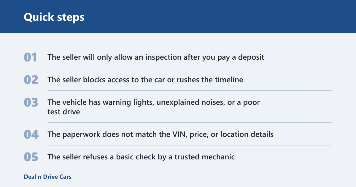 Quick steps: When should you book a pre purchase inspection?
Book it after a short listing review and a test drive, but before you hand over a deposit, sign a contract, or arrange pickup. That timing keeps the PPI where it belongs, after you have enough information to shortlist the car, and before any commitment weakens your bargaining position.
The safest checkpoint in the buying timeline
A pre-purchase inspection is an independent mechanical check of a used car before purchase. The best checkpoint is after you have confirmed the VIN, asking price, and basic fit, then completed a test drive. At that point, you can still walk away if the report exposes hidden damage, worn safety items, or signs of poor maintenance.
Used cars may not come with warranties. That makes timing matter more. If the seller wants money first, you may be buying risk before diagnosis. Consumer Protection says to inspect a car before you buy it, and that advice is especially useful when the car is sold “as is, where is.”
How the inspection timing changes by buying stage
Buying stage
Best action
Why it matters
First listing review
Run the VIN, review photos, and screen for obvious mismatches
Helps you avoid booking a PPI on a poor fit
After the test drive
Book the PPI immediately if the car still looks promising
Test-drive findings and mechanic findings complement each other
Before deposit
Do not pay yet; use the inspection report first
Keeps your position strong if repairs are needed
Before contract signing
Make signing conditional on a clean report or agreed repairs
Stops you from being locked in too early
Before pickup or shipping
For out-of-state cars, complete the PPI before transport payment if possible
Reduces the chance of receiving a car with a costly surprise
Suppose a sedan looks clean online, but the test drive reveals a steering wheel shimmy at highway speed. That is the moment to book the inspection, not later. If you wait until after a deposit, the seller may be less willing to renegotiate or let you leave.
Should i do a pre purchase inspection?
Yes, if you are buying a used car and want a clearer view of mechanical condition than photos, a history report, or a seller’s word can give you. A PPI can identify hidden issues, support a walk-away decision, and help you avoid paying for repairs the seller never mentioned.
A vehicle history report checks prior damage and title records. It does not replace a mechanical inspection. PPSR or a money owing check can help protect you from buying a vehicle with security interests attached. Those checks are useful, but they are different from a hands-on look at brakes, suspension, and transmission behavior.
What a PPI usually covers
Visible body and interior condition
Under-hood condition and fluid leaks
Brake wear and braking feel
Suspension noise, looseness, or uneven behavior
Transmission operation on the road
Test-drive findings such as pulls, vibrations, or warning lights
A test drive can reveal issues with suspension, braking, tires, transmission, and more. A trusted mechanic may also inspect major systems and, in some cases, perform a test drive as part of the PPI. Most mechanics can conduct a PPI, and a dealership service center may also do one.
Should i get a pre purchase inspection?